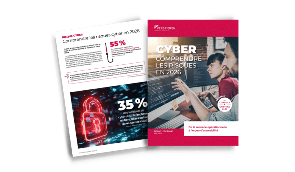 Couverture et aperçu du livre blanc Verspieren sur le risque cyber en entreprise en 2026 avec données clés sur les cyberattaques