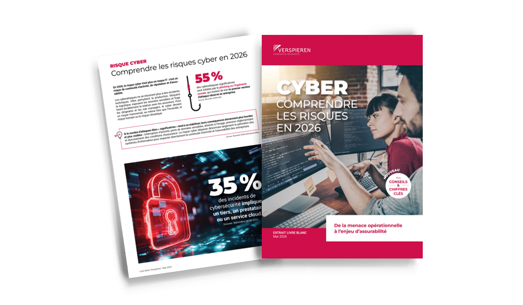 Couverture et aperçu du livre blanc Verspieren sur le risque cyber en entreprise en 2026 avec données clés sur les cyberattaques
