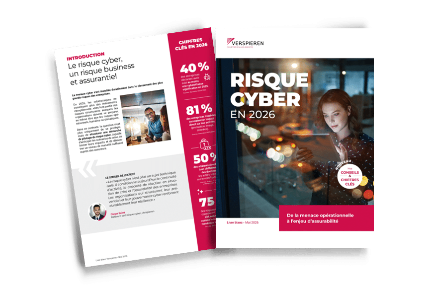 Couverture et double page d’un livre blanc Verspieren sur le risque cyber en 2026 avec chiffres clés et expert cyber