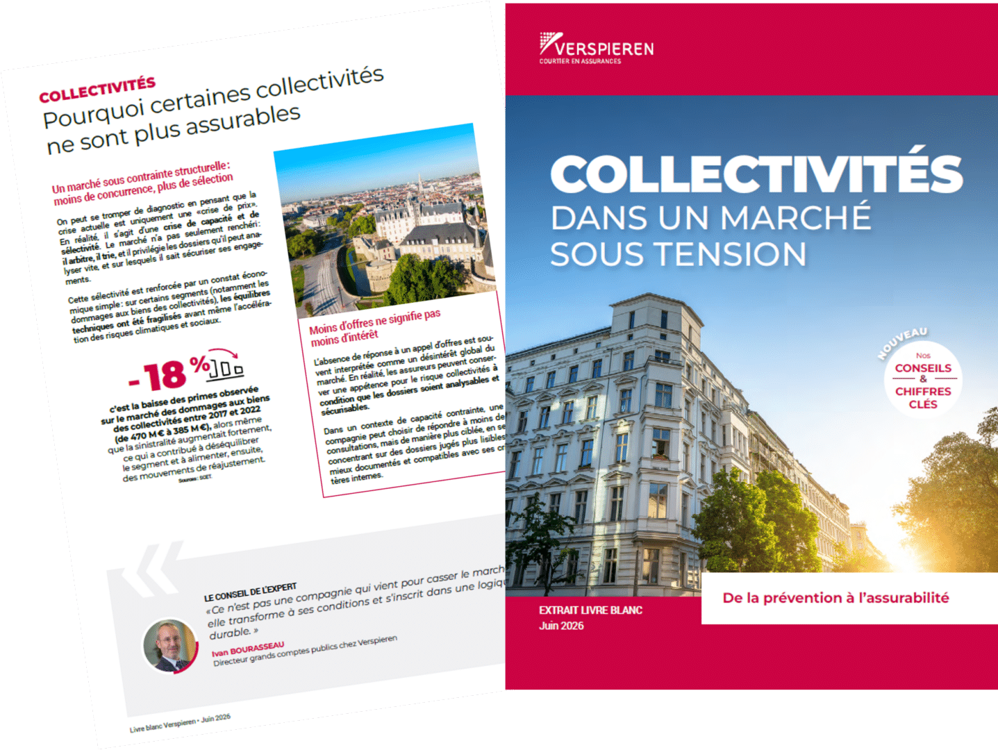 Couverture et extrait du livre blanc Verspieren "Collectivités dans un marché sous tension", présentant les raisons pour lesquelles certaines collectivités rencontrent des difficultés à s'assurer dans un contexte de forte sélectivité du marché.