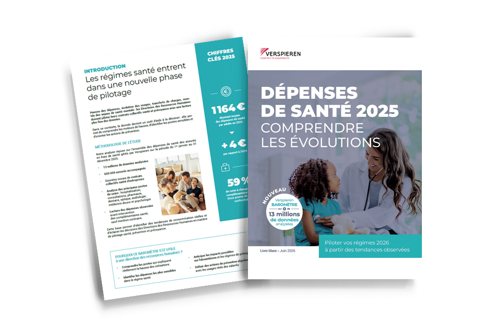 Couverture du Baromètre des dépenses de santé 2025 de Verspieren présentant les tendances de consommation de soins et les enjeux de pilotage des régimes santé collectifs (complémentaire santé entreprise)