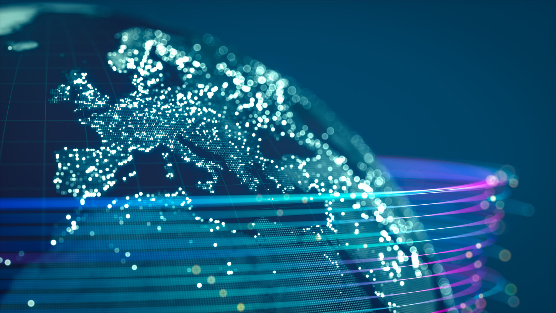 Représentation numérique de l’Europe connectée par des flux de données, illustrant l’équilibre géopolitique et l’analyse du risque politique
