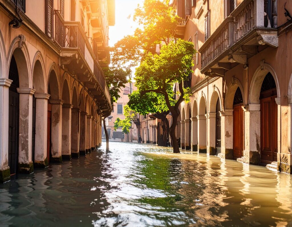 Rue urbaine partiellement inondée entre des bâtiments historiques, illustrant un épisode de montée des eaux.